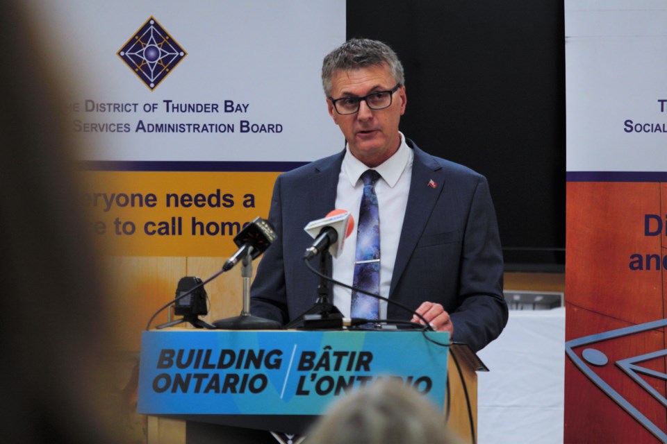 Thunder Bay-Atikokan MPP Kevin Holland announced a significant bump in homelessness funding at the Thunder Bay DSSAB headquarters on Friday. (Ian Kaufman, TBnewswatch)