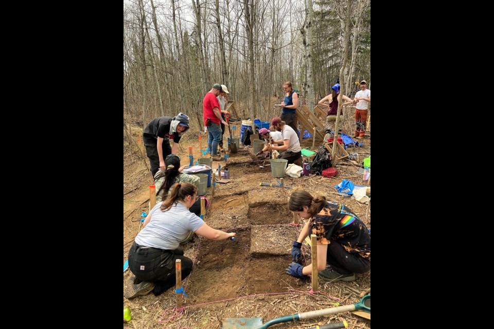 Professors and students from Lakehead University's Anthropology department excavate a site located beside the McIntyre River on the school's Thunder Bay campus. (Courtesy Lakehead University)