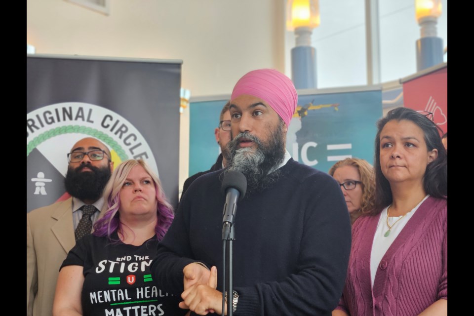 Jagmeet Singh speaking to media on May 5, 2023, in Thunder Bay