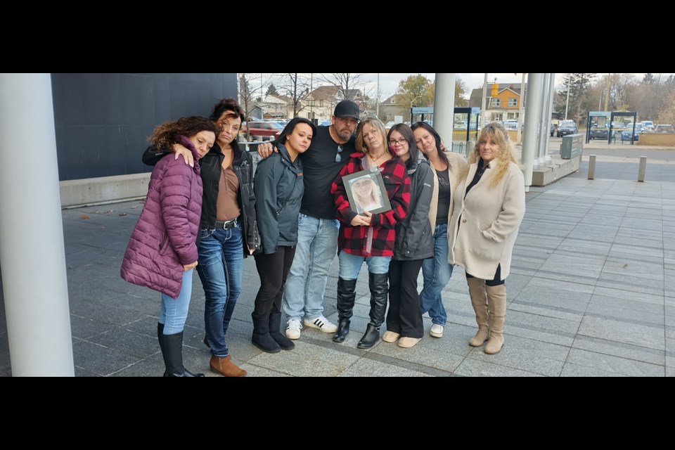 The family of Alyssa Turnbull gathered outside of the Thunder Bay Courthouse after Brian Soos and Nick Soos appeared in court on Friday, November 3, 2023.