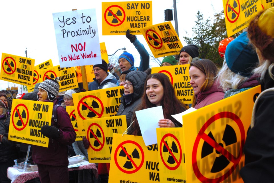About 50 people gathered in front of Thunder Bay's city hall on Monday for a rally raising concerns over the transportation of nuclear waste.