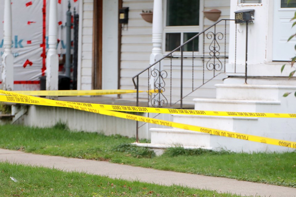 Thunder Bay Police are on scene outside an Ogden Street residence on Monday, Oct. 16, 2023, following the city's fifth confirmed homicide of the year. (Leith Dunick, tbnewswatch.com)