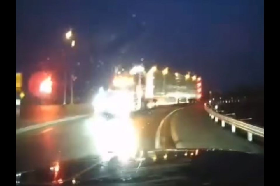 Dash-cam video showed a transport truck exiting Highway 11/17 at Sistonen's Corner on the ramp meant for traffic exiting Highway 102 (Skilled Truckers Canada/Facebook)