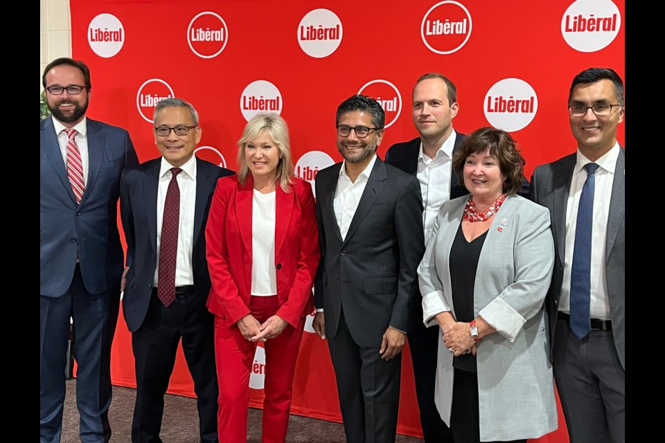 From left to right: Party Executive VP Damien O’Brien, Ted Hsu, Bonnie Crombie, Yasir Naqvi, Nate Erskine-Smith, Party President Kathryn McGarry and Adil Shamji