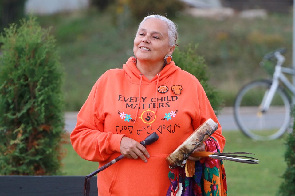 Sheila DeCorte, an elder from Fort William First Nation, speaks on Saturday, Sept. 30, 2023 at the City of Thunder Bay's National Truth and Reconciliation Day ceremony at Hillcrest Park. (Leith Dunick, tbnewswatch.com)