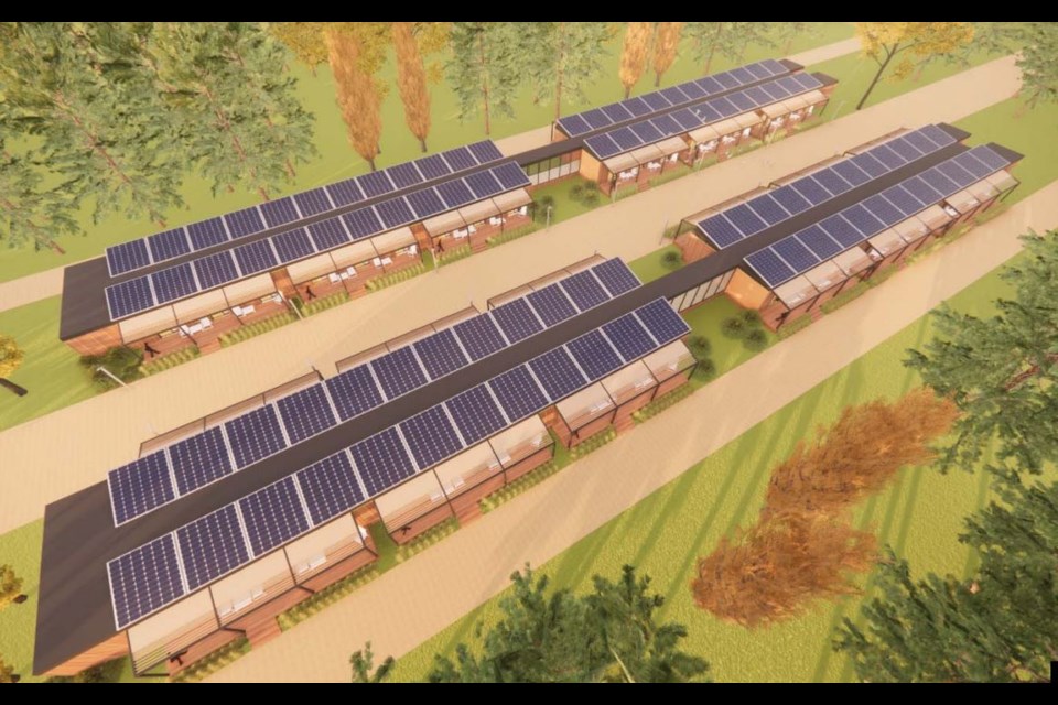 A birds-eye view of a proposed mass timber living quarters dormitory with optional porch and solar panels.
The living quarters are connected by an internal Arctic corridor to protect workers from harsh winters (CEDC) 