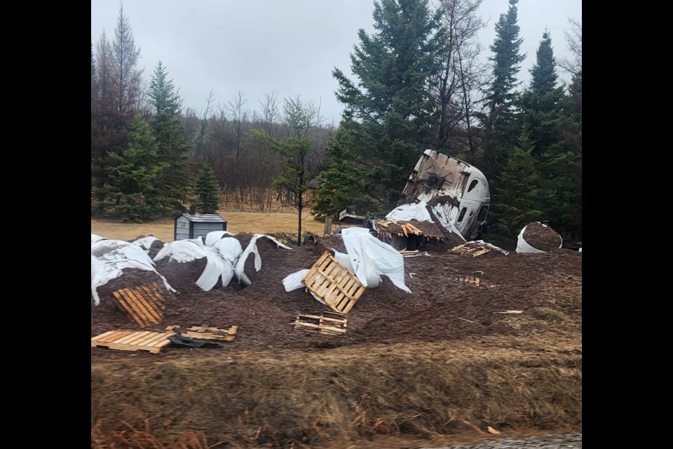 A transport truck crashed in the front yard of a residence in the Minnitaki area on Friday night (Skilled Truckers Canada/Facebook)