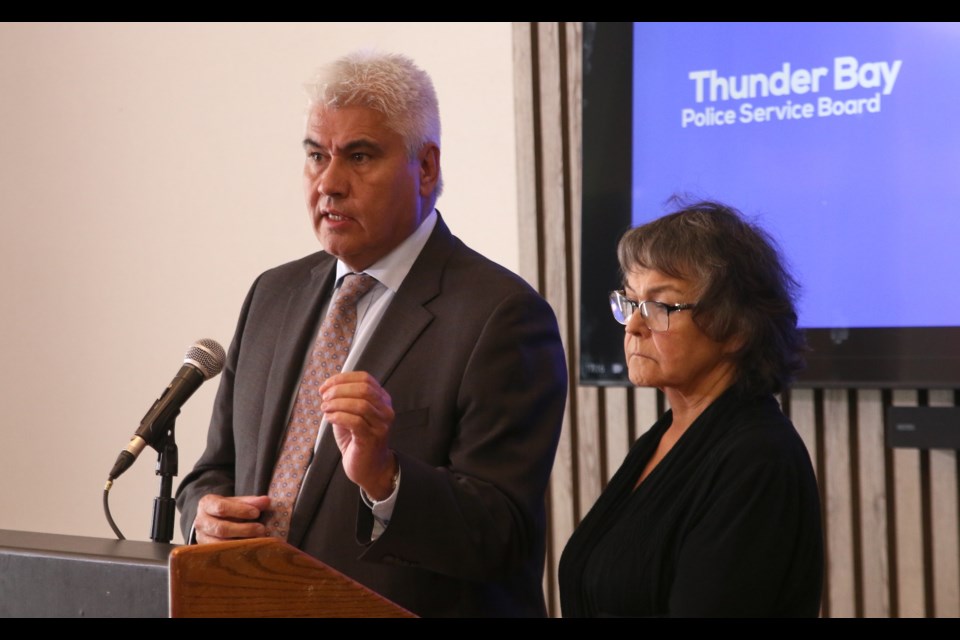 Thunder Bay Police Service Chief Darcy Fleury and police services board chair Karen Machado held a joint media conference on Monday to address recent charges against former members of the service. 