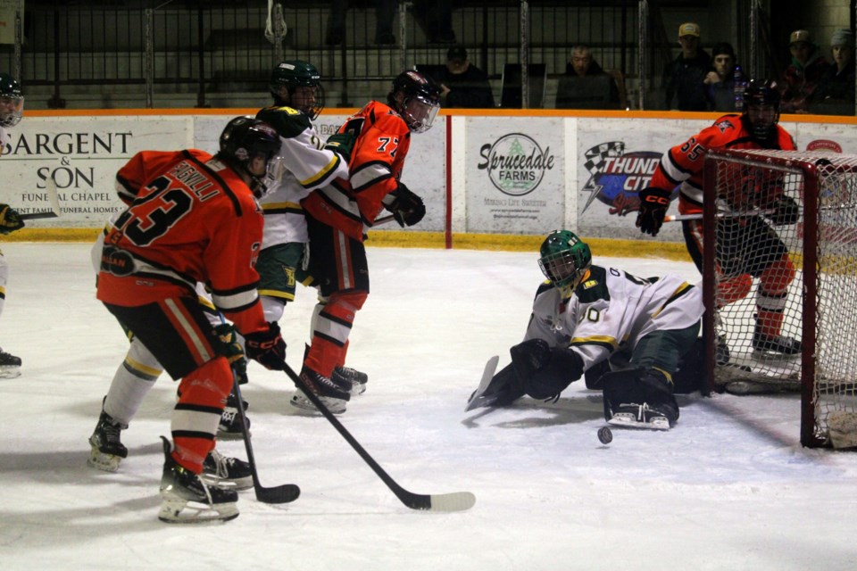 Sioux Lookout Bombers goaltender Jack Osmond made 45 saves for the visitors. 