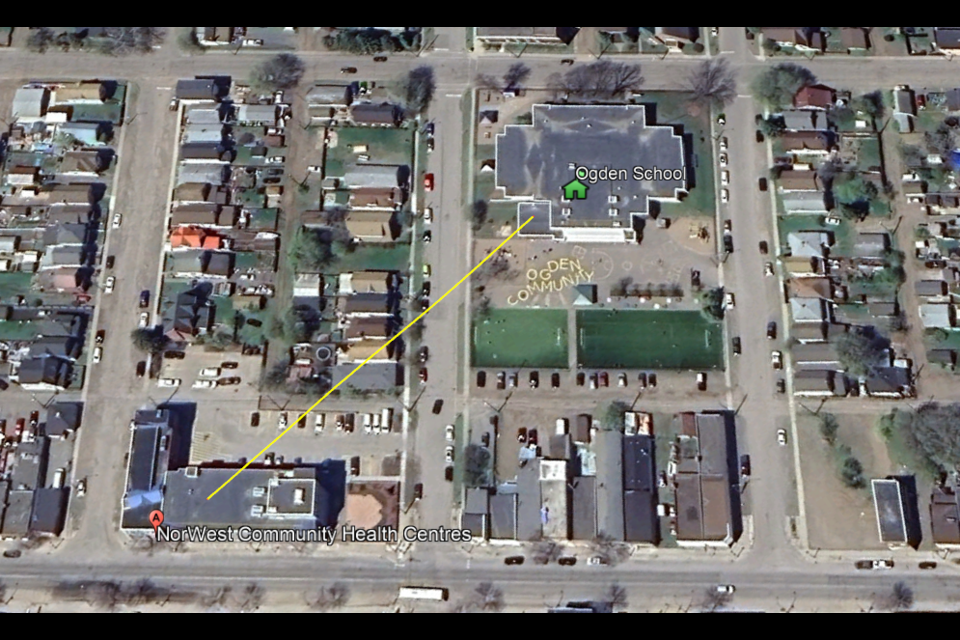 The Path 525 supervised consumption site is located within 200 metres of Ogden Community School (Google Earth)