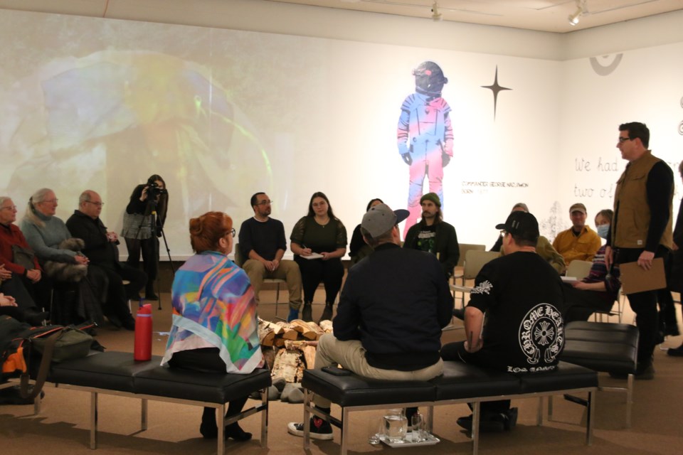 Locals visit and participate in the first conversation for the 'Gaganoonidiwag: They Talk to Each Other' exhibition at the Thunder Bay Art Gallery on Jan. 11.