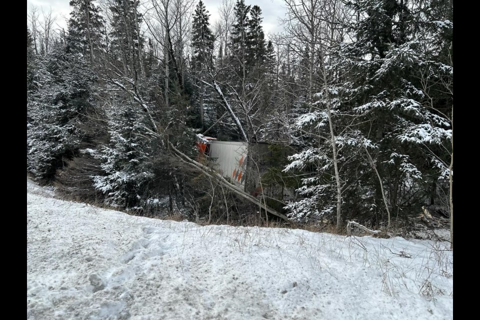 A Brampton man was charged with careless driving after a transport truck crashed into trees on Highway 11 near Nipigon on Jan. 23, 2024 (OPP/X)