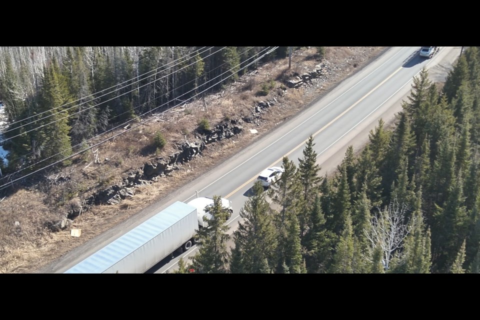 A drone was used to monitor commercial vehicles along Dawson Rd. in a safety blitz with TBPS and the MTO.