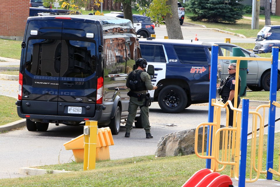 Thunder Bay Police had a visible presence on Trillium Way on the city's north side on Wednesday, Sept. 25, 2024. (Leith Dunick, tbnewswatch.com)