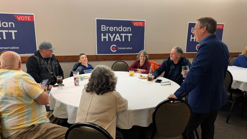 The crowd at Whitewater County Club waits eagerly for the polls to close to see where PC candidate Brandan Hyatt lands in the 2025 federal election.