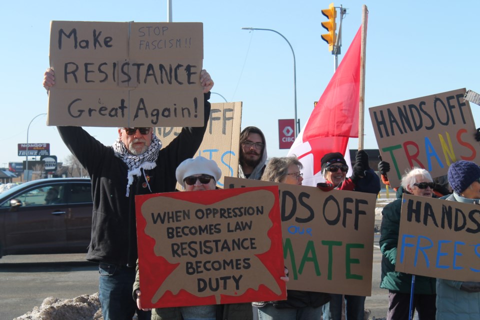 The Hands Off rally was on April 5 at the Memorial Avenue and Harbour Expressway intersection