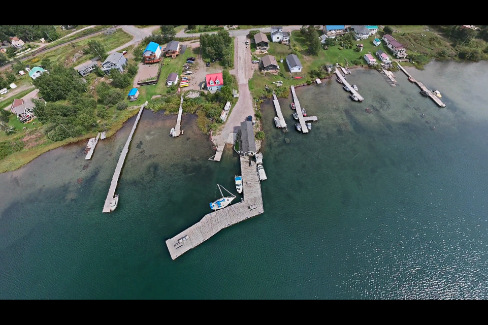 An aerial view of the Rossport marina area.