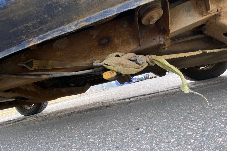 Police arrested an alleged 41-year-old impaired driver on April 22, 2025, and also cited him for driving an unsafe vehicle, including having a truck bed ratcheted to the truck's frame. (Thunder Bay Police Facebook) 