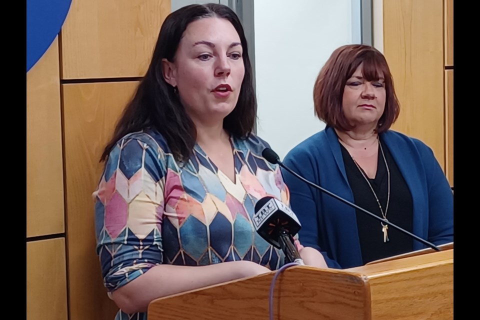 Coun. Shelby Ch'ng speaks during a news conference Aug. 21, 2025, at Thunder Bay city hall.