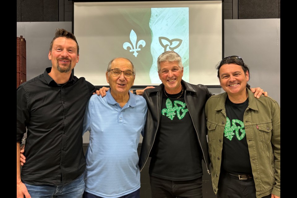 (Left to right) Jean-Michel Ouimet, Jean-Pierre Perreault, writer of the first version of Mon Beau Drapeau, Brian St-Pierre, artistic and technical director, and Félix Saint-Denis, coordinator of the filming and educational tools.