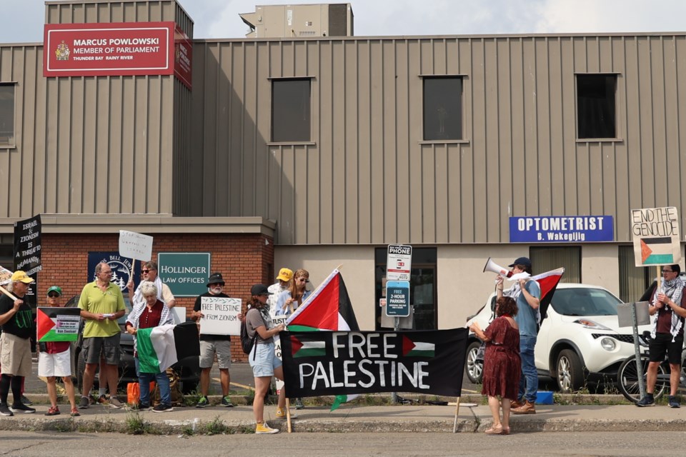 The Palestine Solidarity Thunder Bay protest in front of Thunder Bay-Rainy River MP Marcus Powlowski's office on Aug. 8, 2025.