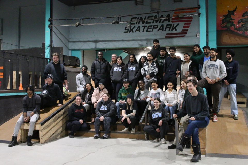 Students in Confederation College's Developmental Service Worker (DSW) and Aerospace Manufacturing Engineering Technology (AMET) programs come together before demonstrating and testing prototype adaptive devices at the Cinema 5 Skatepark on Feb. 25.