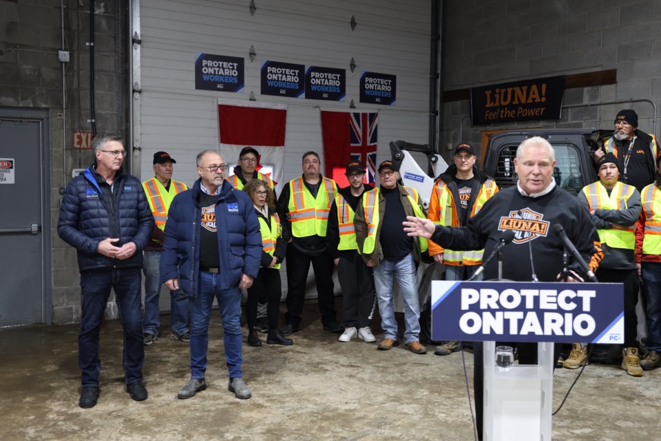 Ontario Progressive Conservative leader Doug Ford with Thunder Bay-area PC candidates Kevin Holland and Rick Dumas at a campaign stop in Thunder Bay on Feb. 22, 2025.