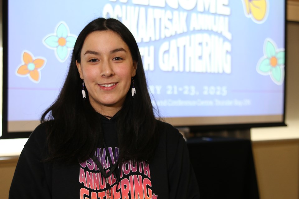 Summer Wabasse, an Oshkaatisak Youth Council member representing Webequie First Nation, explains the purpose of the Oshkaatisak Youth Council's Annual Youth Gathering on Feb. 23.