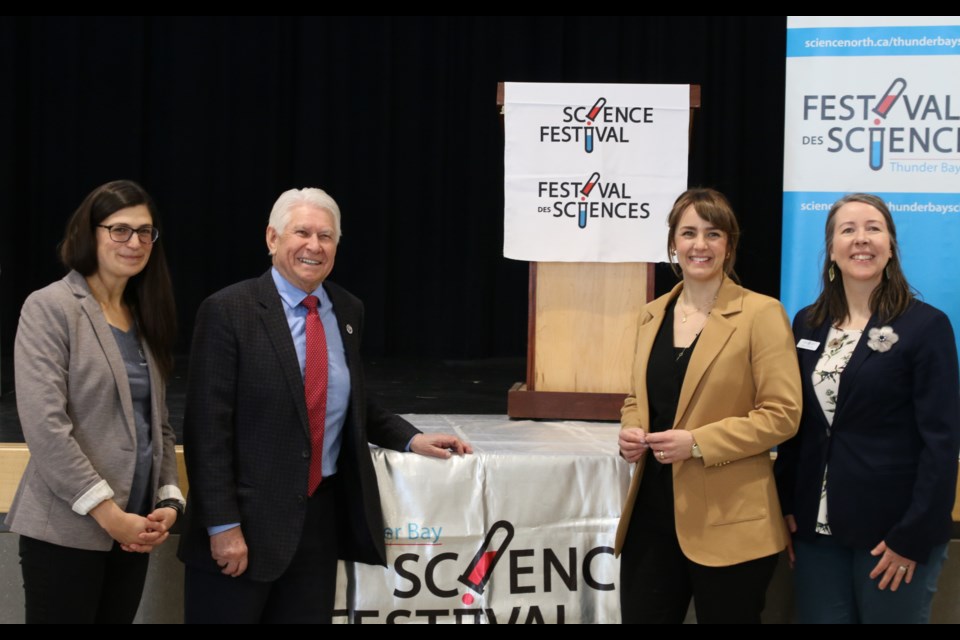 Left to right: Erin Moir, the co-executive director of EcoSuperior; Ken Boshcoff, the mayor of Thunder Bay; Ashley Larose, the CEO of Science North; and Emily Kerton, the project lead of the Northwest Expansion Project and Indigenous Initiatives for Science North, speak at the two-day Northern Ontario Youth Climate Action Summit starting at Westgate Collegiate Vocational Institute on Feb. 19.