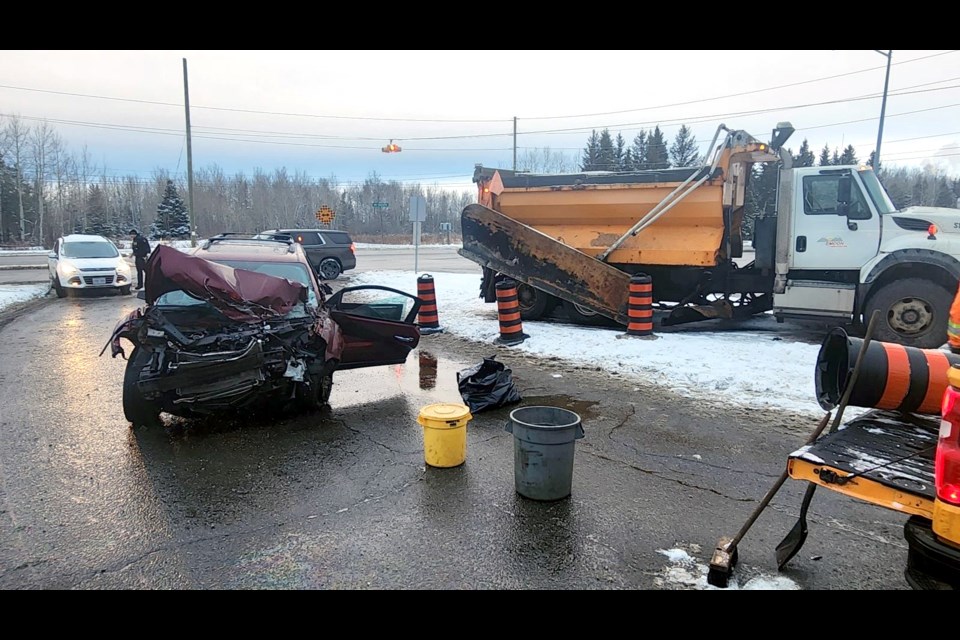 A snow plow and an SUV were involved in a collision on the morning of Thursday, Jan. 16, 2025. (Jonathan Wilson, Thunder Bay Television)