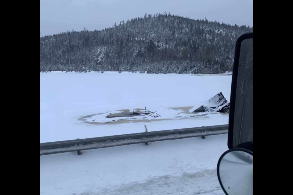 A tractor-trailer broke through the ice of Lake Nipigon's Orient Bay after going off the road on Jan. 12, 2025 (Pegs Lynch photo)