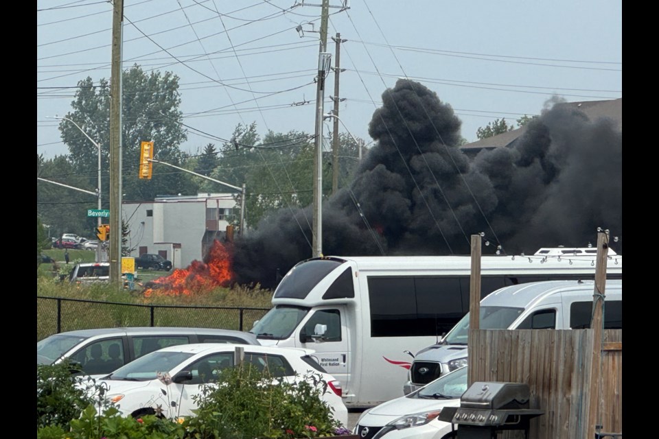 A compact car was destroyed by a fire that started while the vehicle was being driven in the Balmoral St. area on July 14, 2025 (Hanna Pattyson photo)