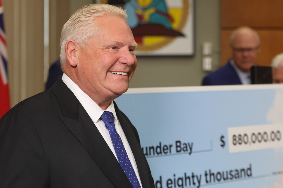 Ontario Premier Doug Ford on Thursday, July 31, 2025, gave the city $880,000 from the Housing Accelerator Fund, for hitting the municipality's 2024 housing target. (Leith Dunick, tbnewswatch.com)