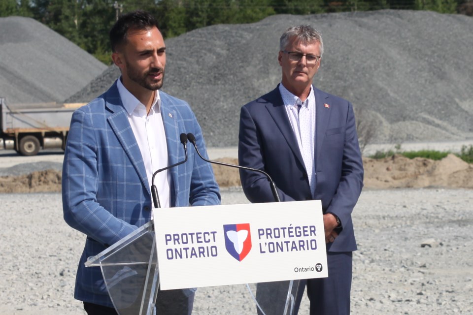 Stephen Lecce, Minister of Energy and Mines (left) announces $10 million in new funding for the Ontario Junior Exploration Program, joined by Thunder Bay Thunder Bay–Atikokan MPP Kevin Holland (right) on July 3, 2025.