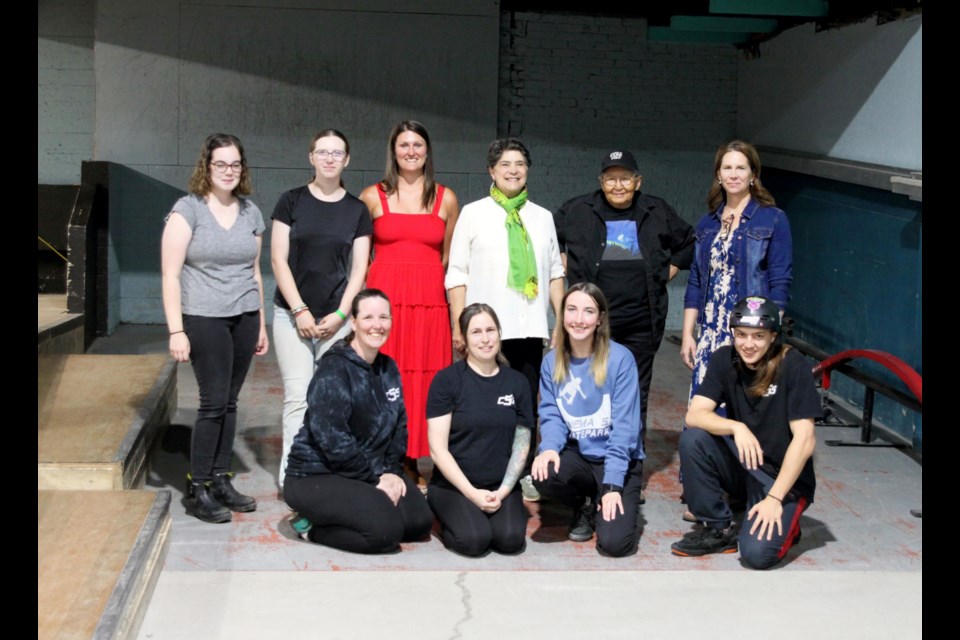 Community members celebrating  the Female Boarder Collective receiving a $99,200 Ontario Trillium Foundation grant at Cinema 5 Skatepark on July 15, 2025.