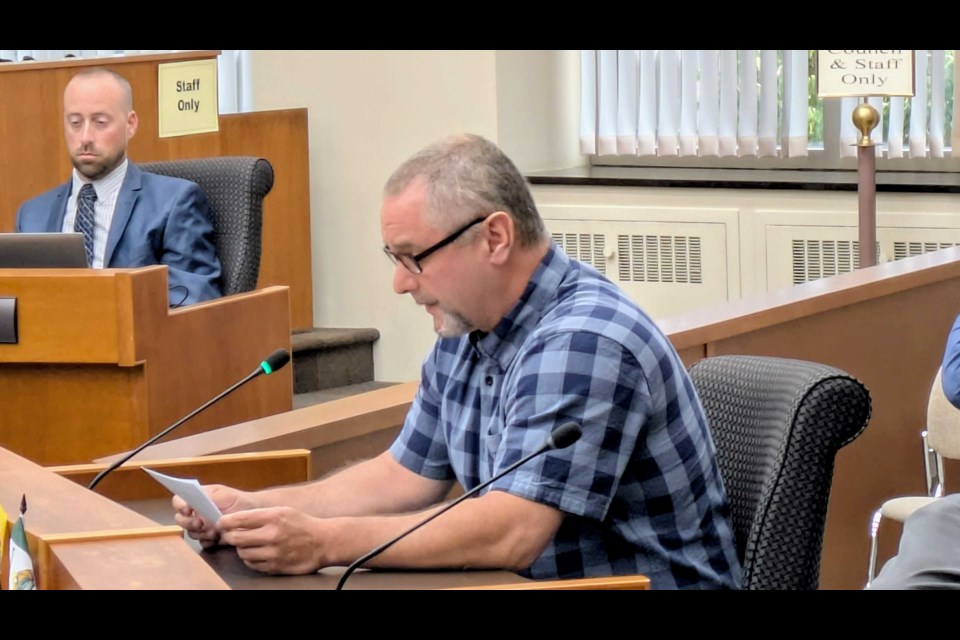 David Kisselgoff provides deputation to council in opposition of the temporary shelter village on July 14, 2025