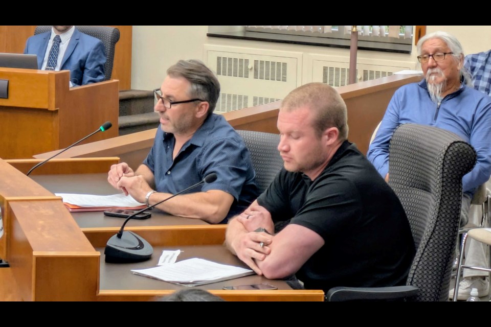 Fort William BIA Tony DiPaolo and Josh Gillingham hold a deputation opposing 114 Miles St. E as the site for the shelter village on July 14, 2025.