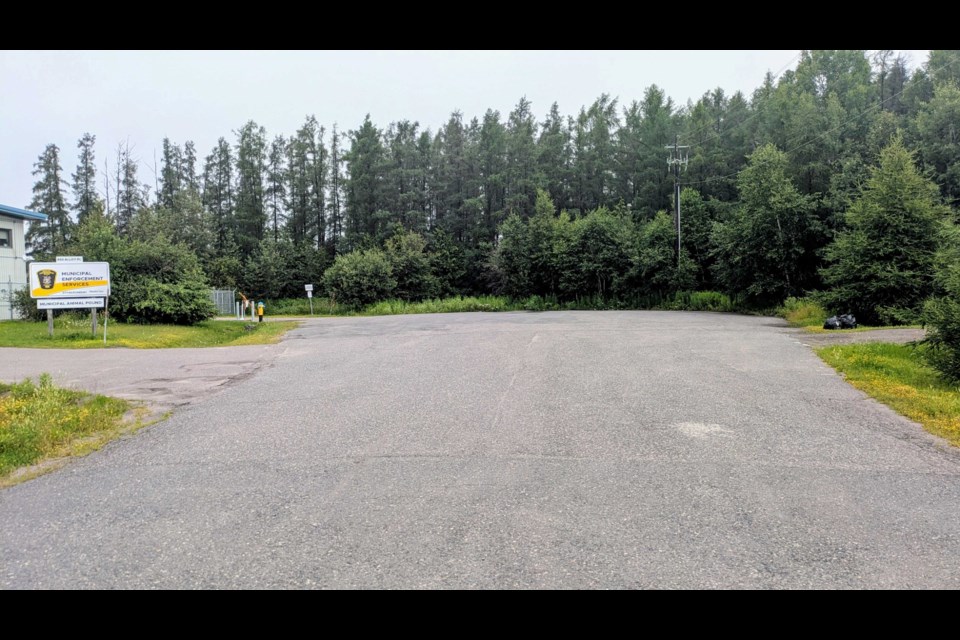 The Hillyard site, a treed lot at 879 Alloy Place, is now the location for the temporary shelter village. (July 23, 2025)