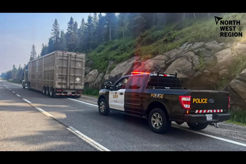 A tractor-trailer is parked at the roadside on Highway 17 after OPP conducted a traffic stop on July 13, 2025 near Marathon (OPP photo)