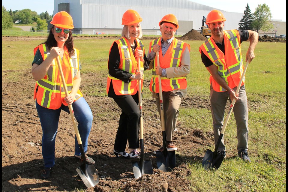 Soccer Northwest president Michael Veneziale (right) is joined by Coun. Shelby Ch'ng, Liberal MP and cabinet minister Patty Hajdu and Mayor Ken Boshcoff on Thursday, June 26, 2025 at a ceremonial ground breaking for Thunder Bay's new indoor turf facility. (Leith Dunick, tbnewswatch.com)