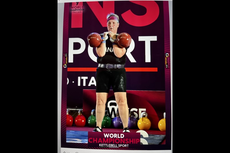 Lynda Roberts set two world records in her weight class, and won a pair of silver medals at the World Kettlebell Sport Championshps in Italy in June 2025 (submitted photo)
