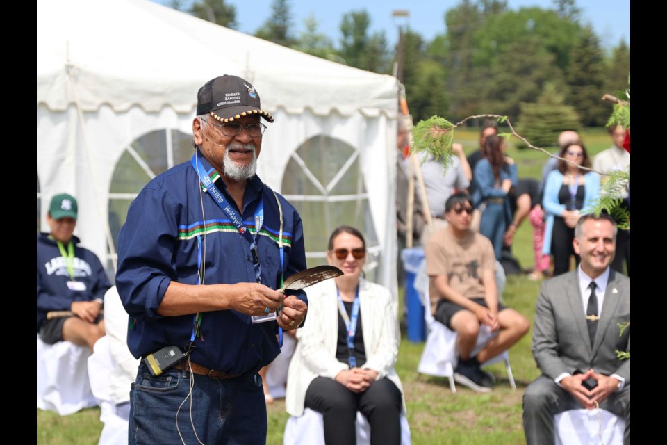 Gene Nowegejick leading the ground blessing at Lakehead University on June 24, 2025.