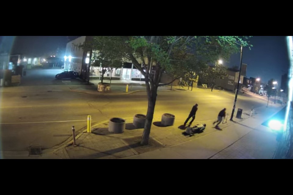 An act of vandalism was captured on video of two individuals early Wednesday morning pushing over a bronze statue and running away.