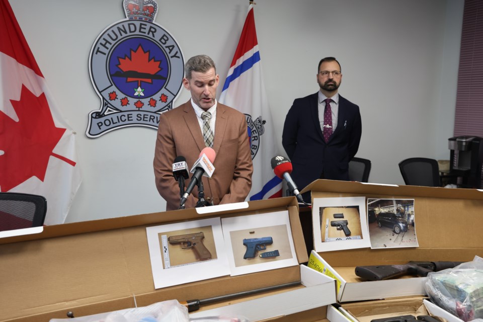 Det. Sgt. Chris Carlucci and acting Det. Insp. Rob Gombola at the Thunder Bay police's presentation of the results of two drug trafficking investigations.