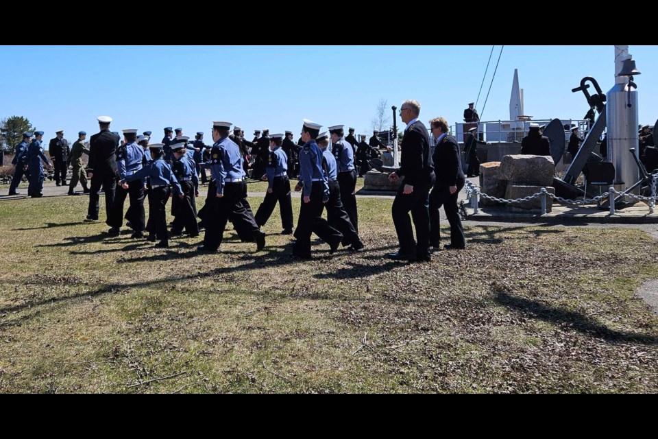 The guard and the sea cadet band, alongside the local naval, sea and air cadets from Thunder Bay’s naval reserve division, the HMCS Griffon, start to march at the annual ceremony for the Battle of the Atlantic at the Anchorage in Marina Park on May 4.