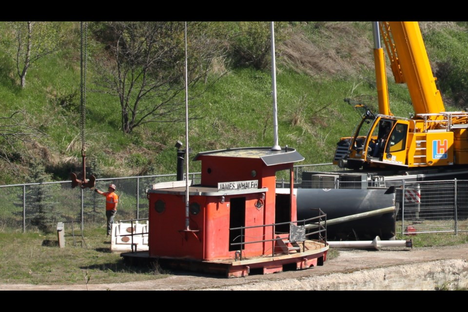 The James Whalen's wheelhouse and anchor being removed from the ship on May 26, 2025.