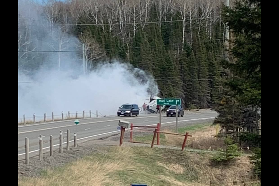 An apparent transport collision shut down one lane of Highway 102 near Mud Lake Road on the evening of May 12, 2025. (Facebook/Skilled Truckers Canada)