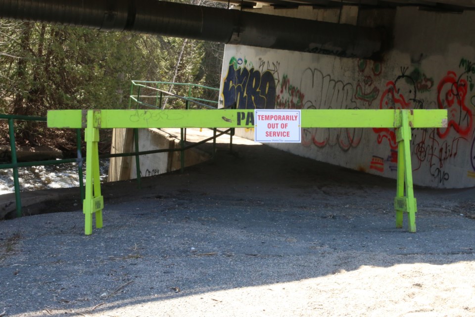 The City of Thunder Bay has blocked off part of the multi-use trail between Court Street and Algoma Street because of damage caused by last week's rainstorm (Nicky Shaw/Newswatch)