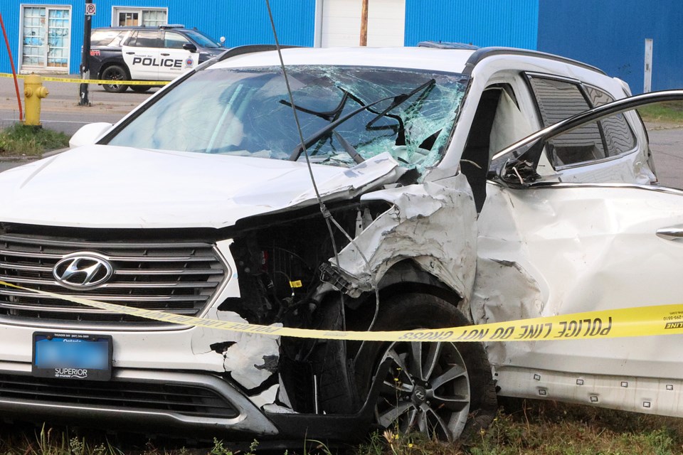 Thunder Bay Police are investigating a two-vehicle crash on Monday, Sept. 1, 2025 at the intersection of May and Finlayson streets. (Leith Dunick, tbnewswatch.com)