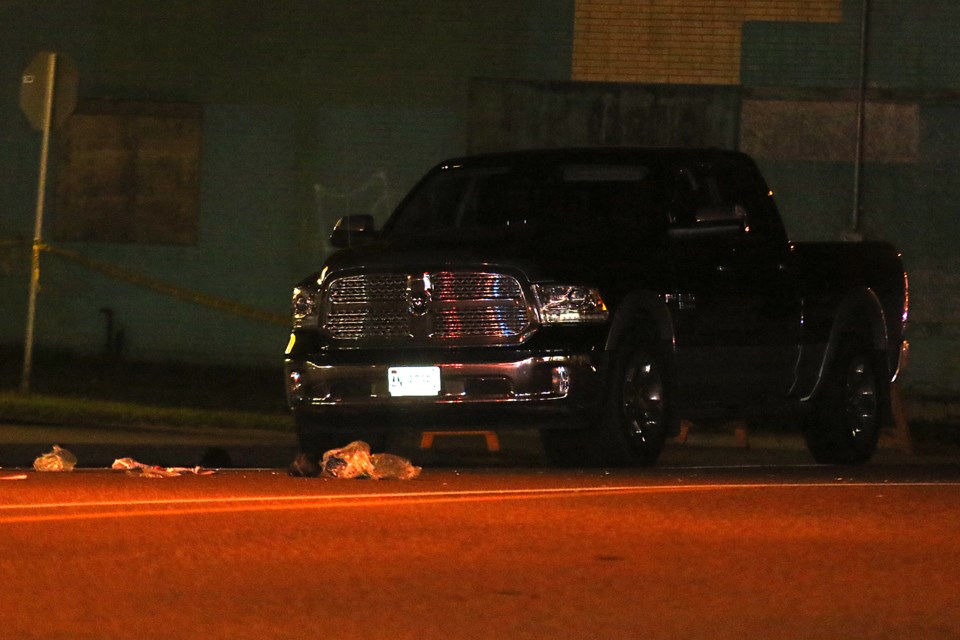 This truck remains inside the cordoned off police area where A pedestrian was struck and killed on Cumberland Street on Saturday, Sept. 17, 2016 (Leith Dunick, tbnewswatch.com).